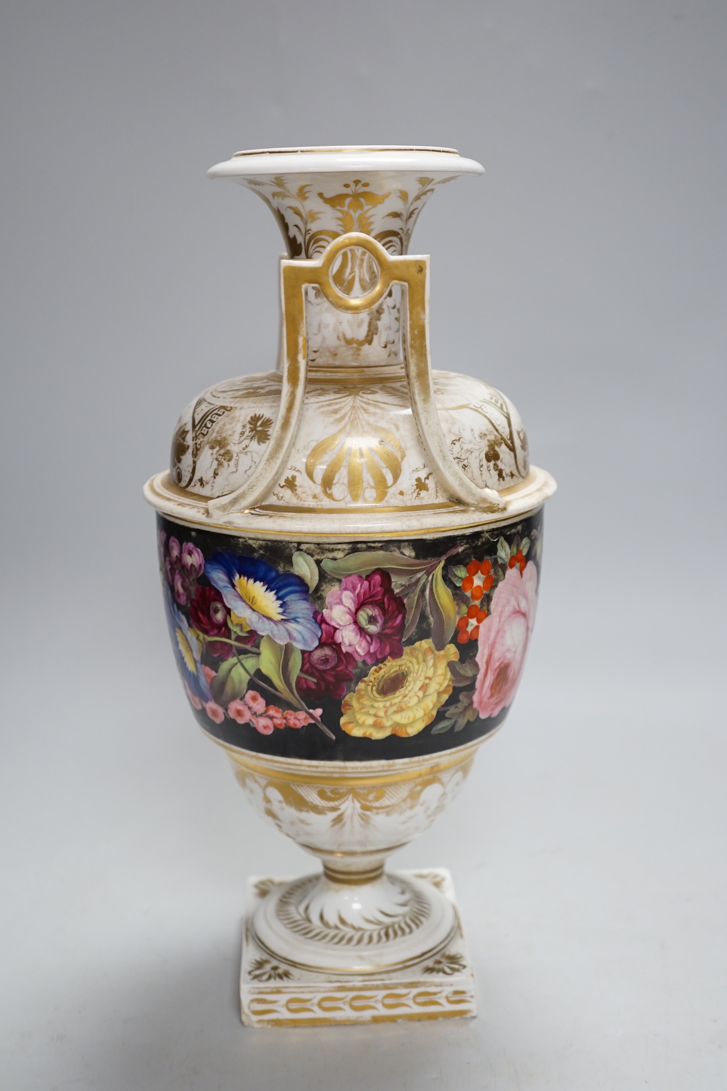 A Derby vase, gilding with floral decoration, painted by William 'Quaker' Peg, c.1820, 31cm high